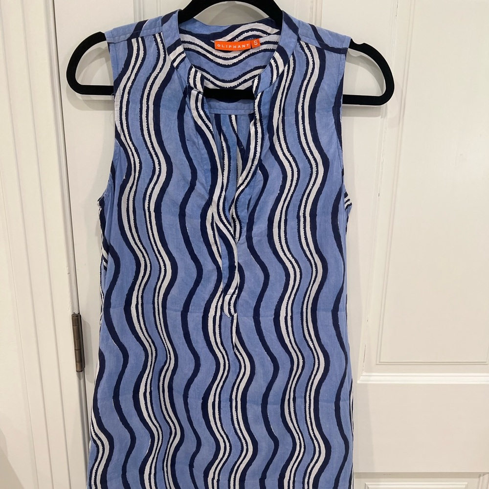 Oliphant Wave Print Blue Tunic Mini Dress, Swim
Coverup, Sz S